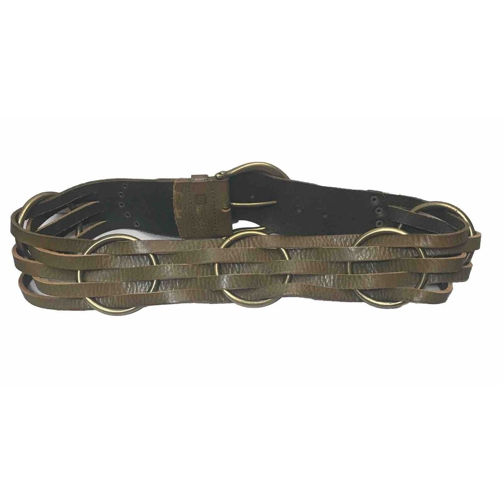 NEW Linea Pelle Belt Stud Leather Brass Rings Green Brown Medium 34"‎ To 36"